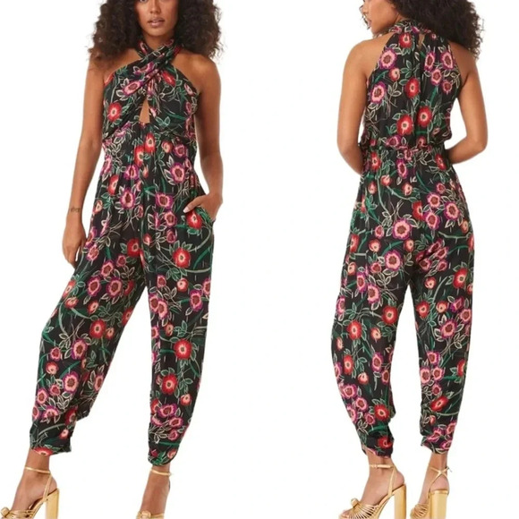 NEW MISA Halter Kora Floral Jumpsuit with Pockets Black Size M - Picture 1 of 11